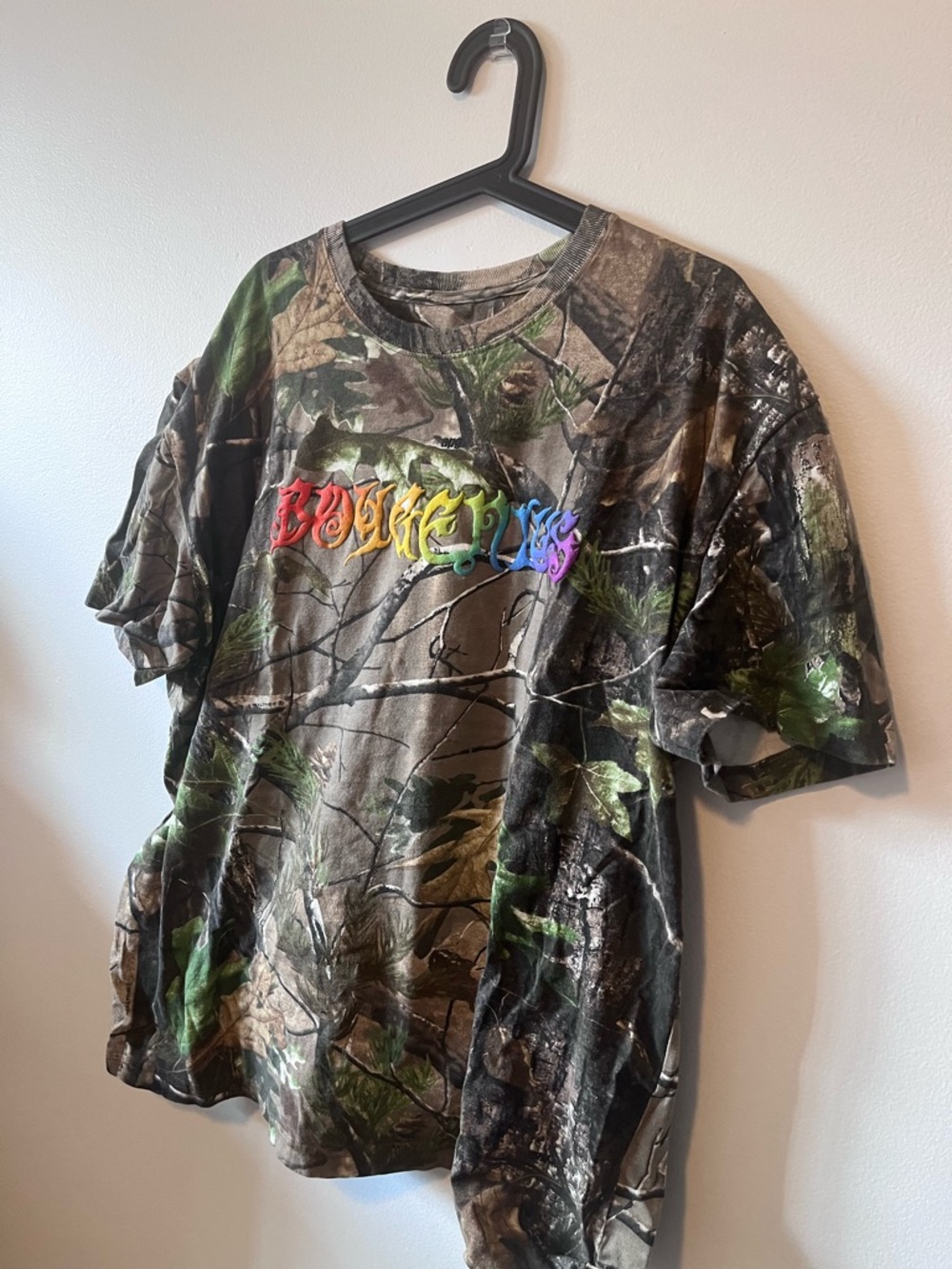 RARE BOYGENUIS Camo Graphic Tee with Rainbow Script